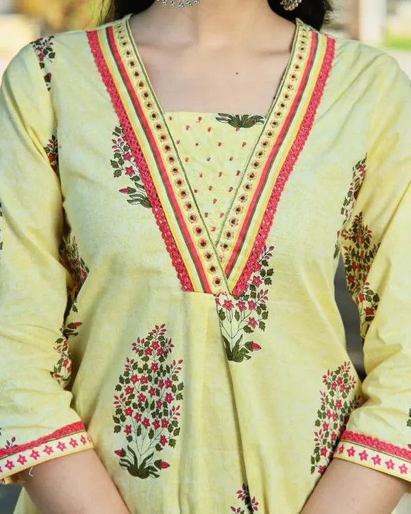 Yellow_Trendy_Floral_Block_Print_Cotton_A-Line_Kurta_With_Pant_And_Dupatta_For_Women