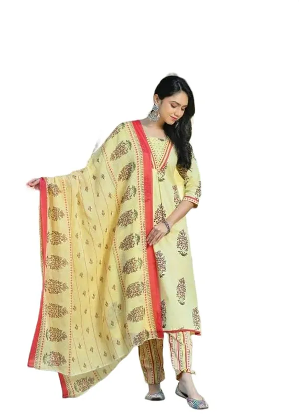 Yellow_Trendy_Floral_Block_Print_Cotton_A-Line_Kurta_With_Pant_And_Dupatta_For_Women