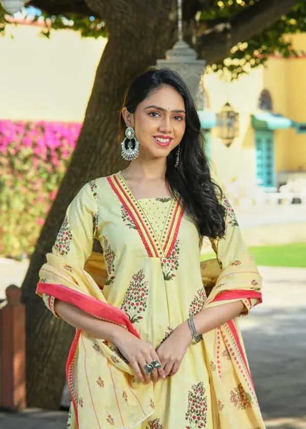 Yellow_Trendy_Floral_Block_Print_Cotton_A-Line_Kurta_With_Pant_And_Dupatta_For_Women