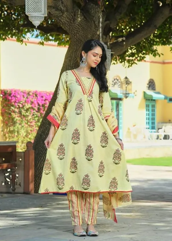 Yellow_Trendy_Floral_Block_Print_Cotton_A-Line_Kurta_With_Pant_And_Dupatta_For_Women