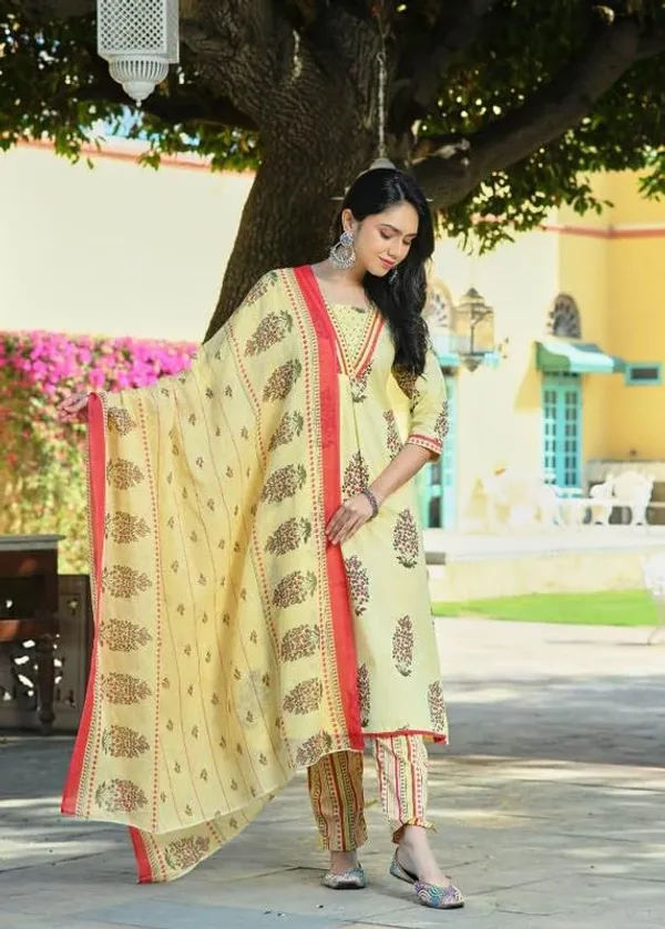 Yellow_Trendy_Floral_Block_Print_Cotton_A-Line_Kurta_With_Pant_And_Dupatta_For_Women