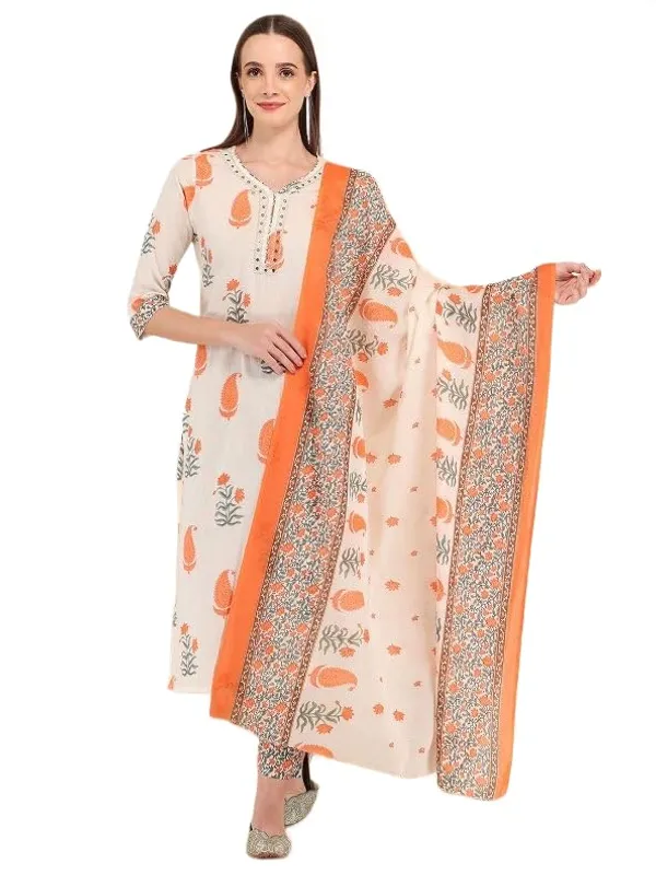 White_And_Orange_Trendy_Floral_Block_Print_Cotton_Straight_Kurta_With_Pant_And_Dupatta_For_Women