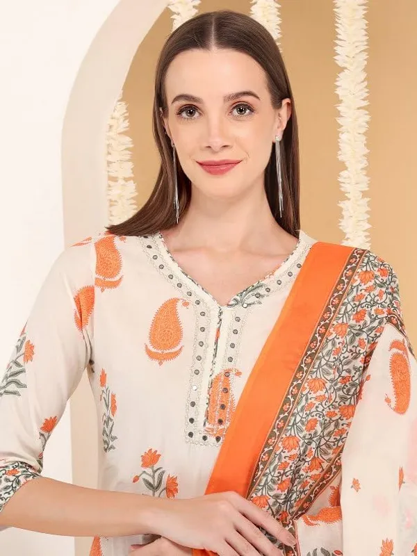 White_And_Orange_Trendy_Floral_Block_Print_Cotton_Straight_Kurta_With_Pant_And_Dupatta_For_Women