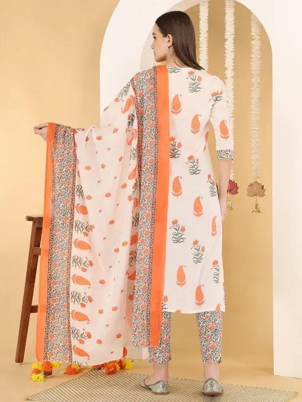 White_And_Orange_Trendy_Floral_Block_Print_Cotton_Straight_Kurta_With_Pant_And_Dupatta_For_Women