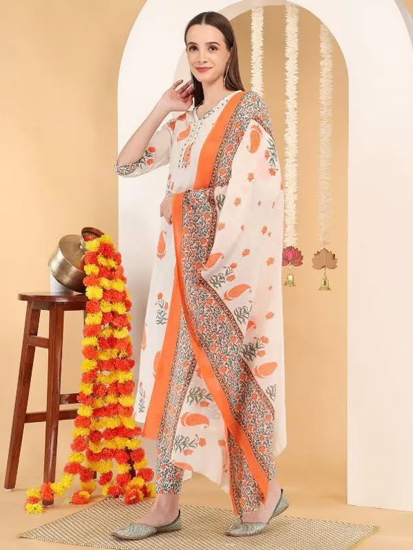 White_And_Orange_Trendy_Floral_Block_Print_Cotton_Straight_Kurta_With_Pant_And_Dupatta_For_Women
