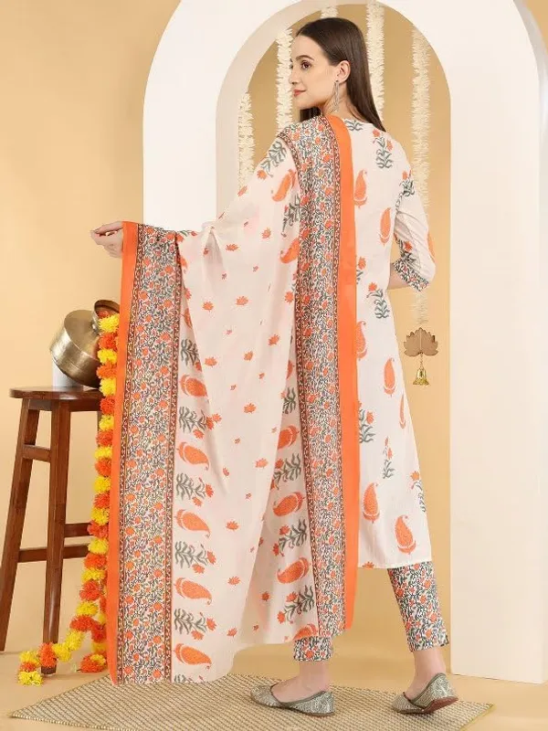 White_And_Orange_Trendy_Floral_Block_Print_Cotton_Straight_Kurta_With_Pant_And_Dupatta_For_Women