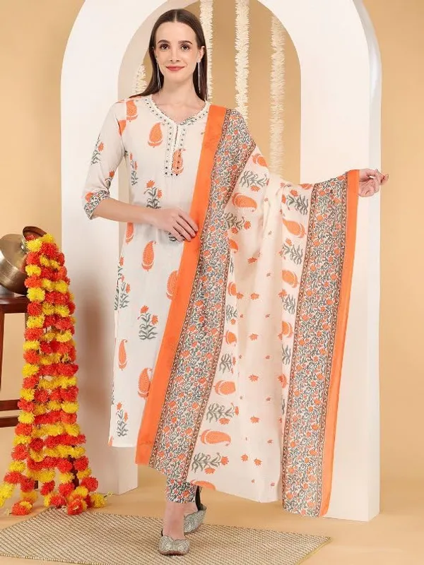 White_And_Orange_Trendy_Floral_Block_Print_Cotton_Straight_Kurta_With_Pant_And_Dupatta_For_Women