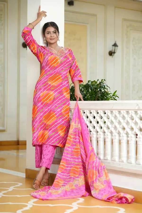 Pink_Trendy_Floral_Leheriya_Printed_Cotton_A-Line_Kurta_With_Pant_And_Dupatta_For_Women