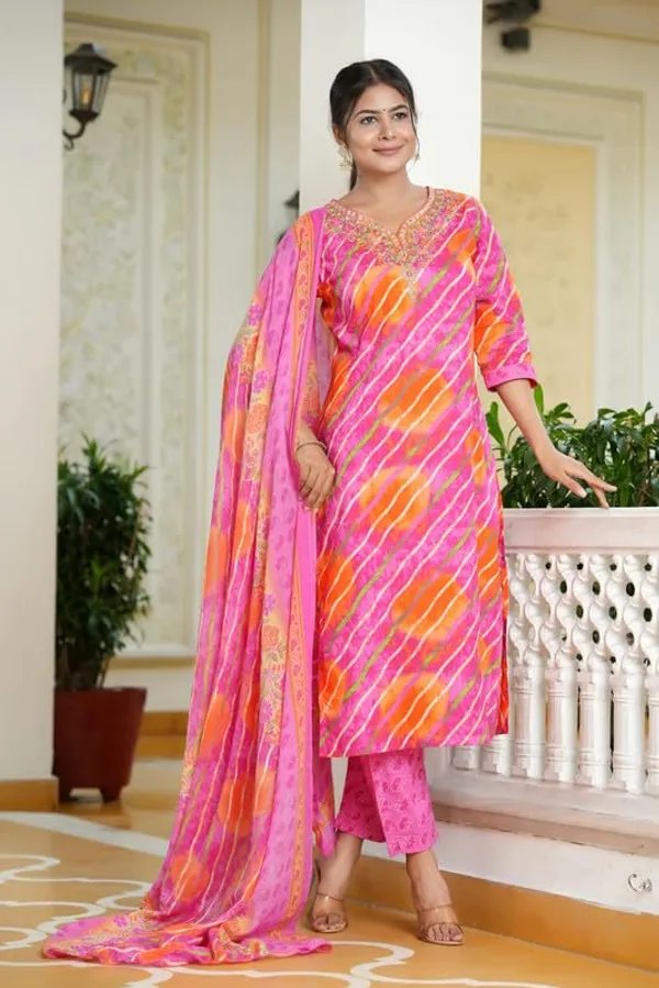Pink_Trendy_Floral_Leheriya_Printed_Cotton_A-Line_Kurta_With_Pant_And_Dupatta_For_Women