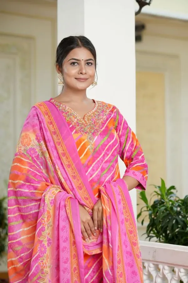Pink_Trendy_Floral_Leheriya_Printed_Cotton_A-Line_Kurta_With_Pant_And_Dupatta_For_Women