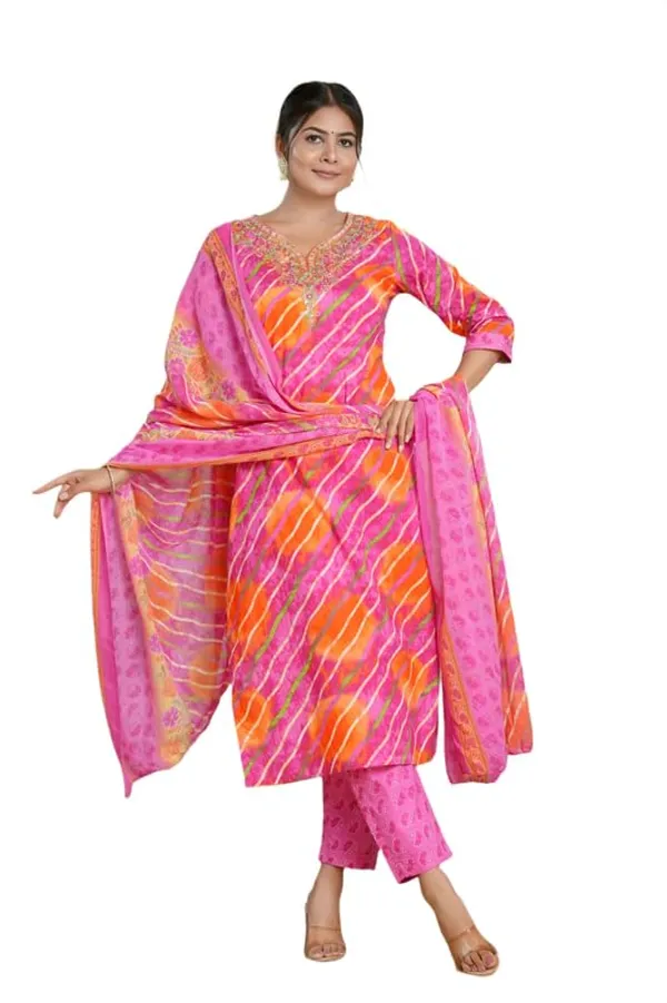 Pink_Trendy_Floral_Leheriya_Printed_Cotton_A-Line_Kurta_With_Pant_And_Dupatta_For_Women