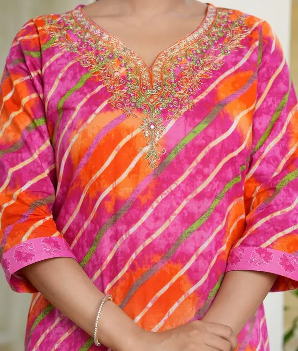 Pink_Trendy_Floral_Leheriya_Printed_Cotton_A-Line_Kurta_With_Pant_And_Dupatta_For_Women
