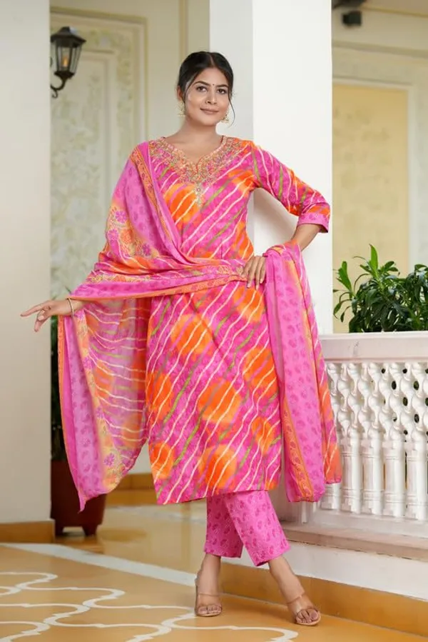 Pink_Trendy_Floral_Leheriya_Printed_Cotton_A-Line_Kurta_With_Pant_And_Dupatta_For_Women