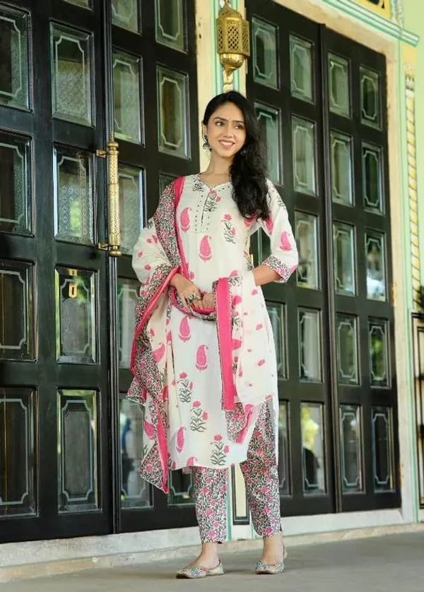 White_And_Pink_Trendy_Floral_Block_Print_Cotton_Straight_Kurta_With_Pant_And_Dupatta_For_Women