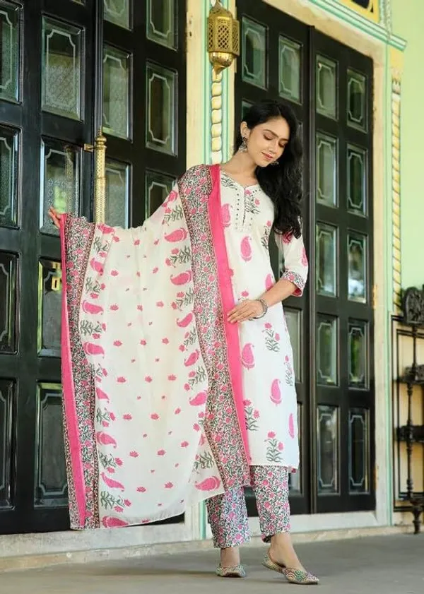 White_And_Pink_Trendy_Floral_Block_Print_Cotton_Straight_Kurta_With_Pant_And_Dupatta_For_Women