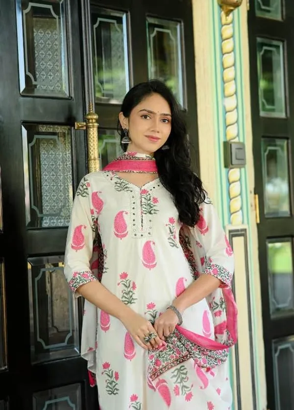 White_And_Pink_Trendy_Floral_Block_Print_Cotton_Straight_Kurta_With_Pant_And_Dupatta_For_Women