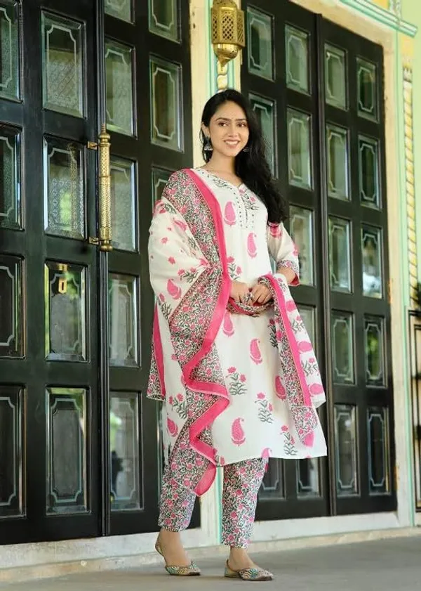 White_And_Pink_Trendy_Floral_Block_Print_Cotton_Straight_Kurta_With_Pant_And_Dupatta_For_Women