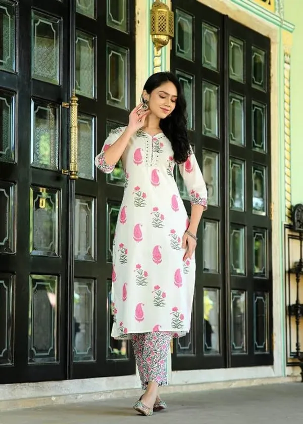 White_And_Pink_Trendy_Floral_Block_Print_Cotton_Straight_Kurta_With_Pant_And_Dupatta_For_Women