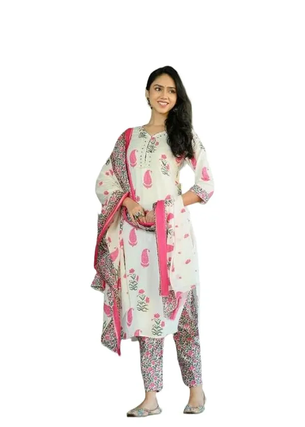 White_And_Pink_Trendy_Floral_Block_Print_Cotton_Straight_Kurta_With_Pant_And_Dupatta_For_Women