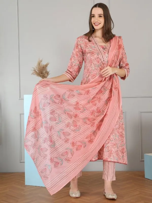 Pink_Trendy_Floral_Screen_Print_Cotton_A-Line_Kurta_With_Pant_And_Dupatta_For_Women