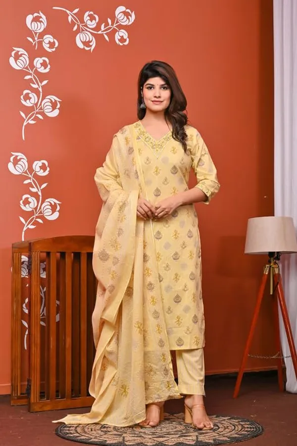 Yellow_Trendy_Floral_Screen_Print_Cotton_A-Line_Yellow_Kurta_With_Pant_And_Dupatta_For_Women