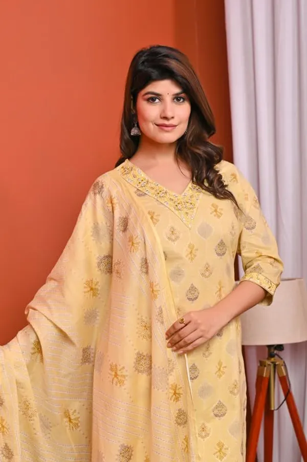 Yellow_Trendy_Floral_Screen_Print_Cotton_A-Line_Yellow_Kurta_With_Pant_And_Dupatta_For_Women