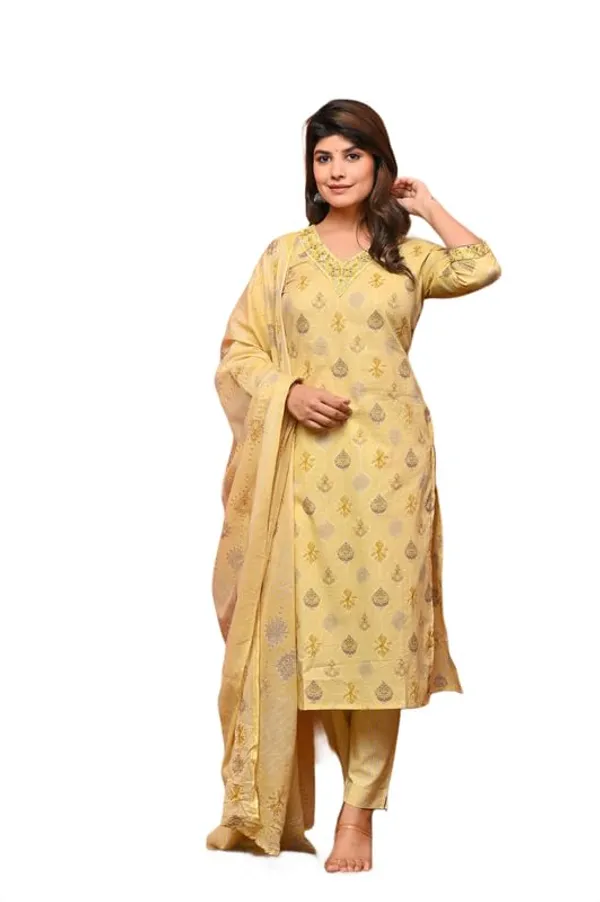 Yellow_Trendy_Floral_Screen_Print_Cotton_A-Line_Yellow_Kurta_With_Pant_And_Dupatta_For_Women