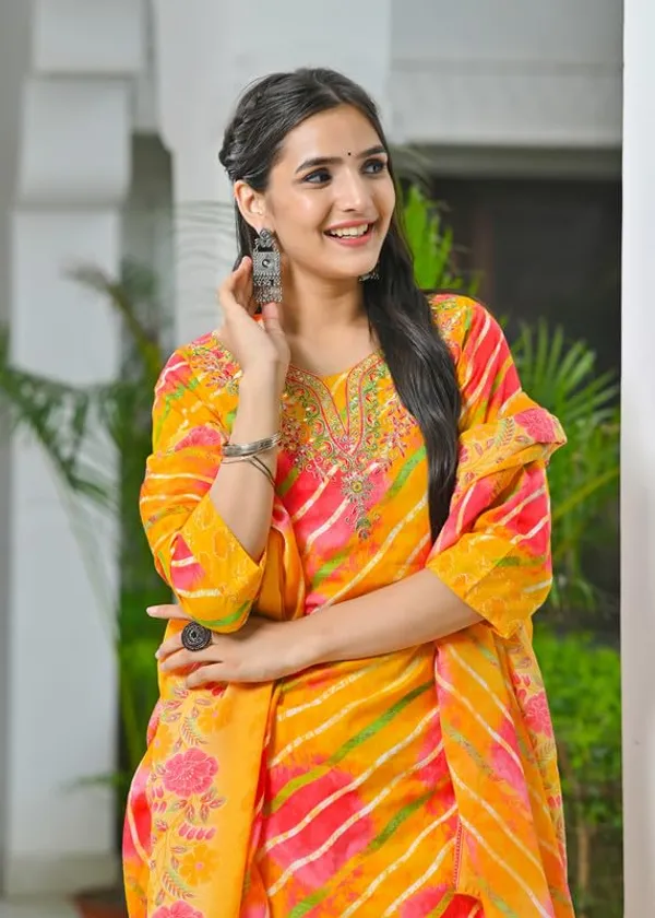 Orange_Trendy_Floral_Leheriya_Printed_Cotton_A-Line_Kurta_With_Pant_And_Dupatta_For_Women