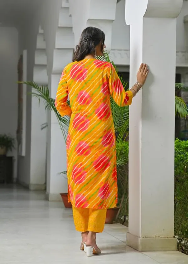 Orange_Trendy_Floral_Leheriya_Printed_Cotton_A-Line_Kurta_With_Pant_And_Dupatta_For_Women
