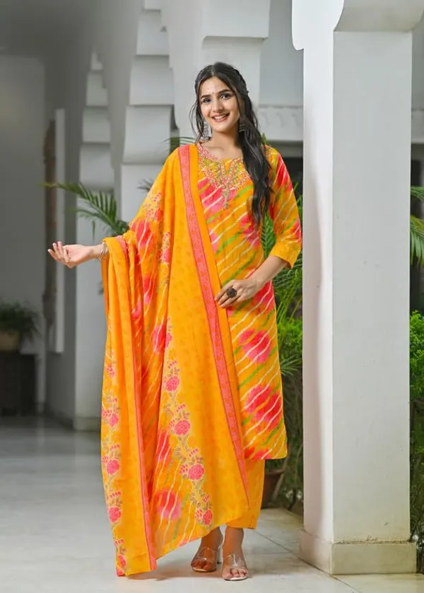 Orange_Trendy_Floral_Leheriya_Printed_Cotton_A-Line_Kurta_With_Pant_And_Dupatta_For_Women
