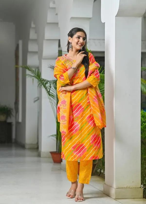 Orange_Trendy_Floral_Leheriya_Printed_Cotton_A-Line_Kurta_With_Pant_And_Dupatta_For_Women