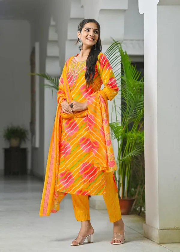 Orange_Trendy_Floral_Leheriya_Printed_Cotton_A-Line_Kurta_With_Pant_And_Dupatta_For_Women
