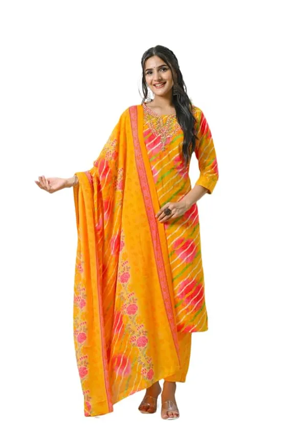 Orange_Trendy_Floral_Leheriya_Printed_Cotton_A-Line_Kurta_With_Pant_And_Dupatta_For_Women