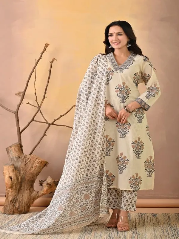 Beige_Trendy_Floral_Screen_Print_Cotton_Straight_Kurta_With_Pant_And_Dupatta_For_Women