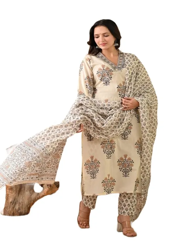 Beige_Trendy_Floral_Screen_Print_Cotton_Straight_Kurta_With_Pant_And_Dupatta_For_Women