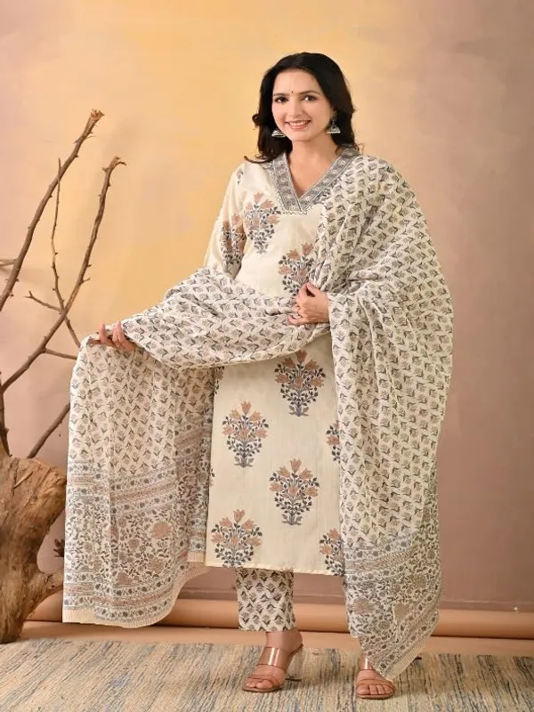 Beige_Trendy_Floral_Screen_Print_Cotton_Straight_Kurta_With_Pant_And_Dupatta_For_Women