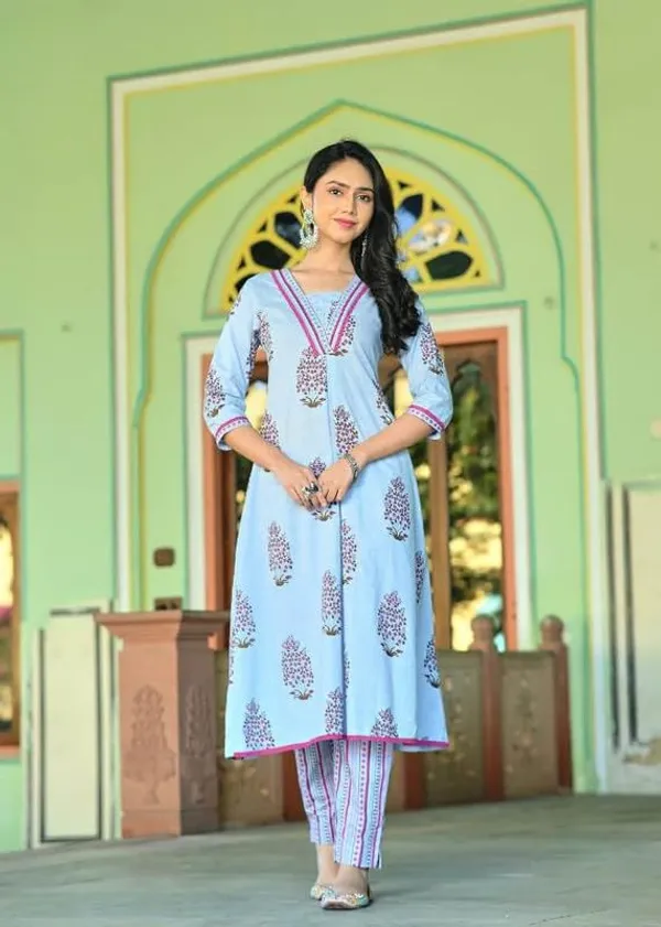 Sky_Blue_Trendy_Floral_Block_Print_Cotton_A-Line_Kurta_With_Pant_And_Dupatta_For_Women