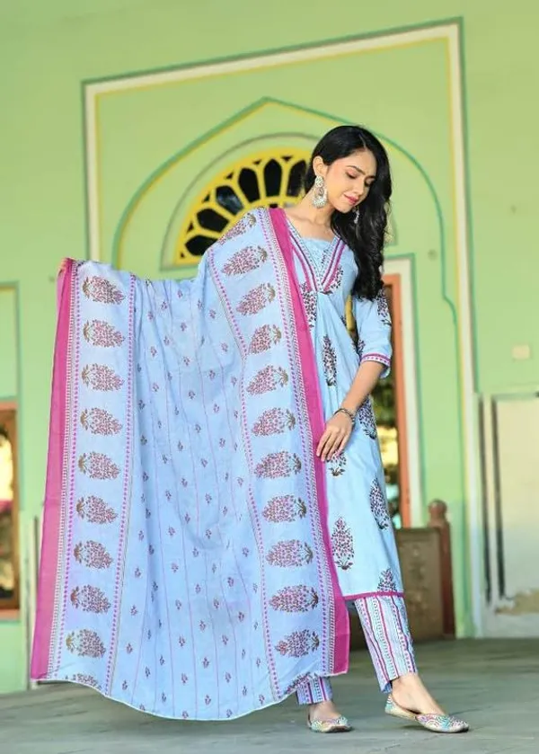 Sky_Blue_Trendy_Floral_Block_Print_Cotton_A-Line_Kurta_With_Pant_And_Dupatta_For_Women
