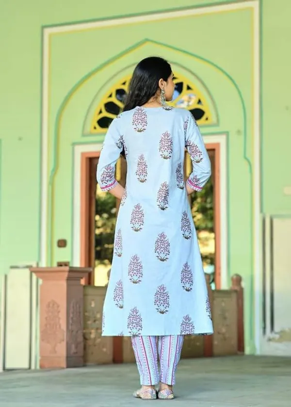 Sky_Blue_Trendy_Floral_Block_Print_Cotton_A-Line_Kurta_With_Pant_And_Dupatta_For_Women