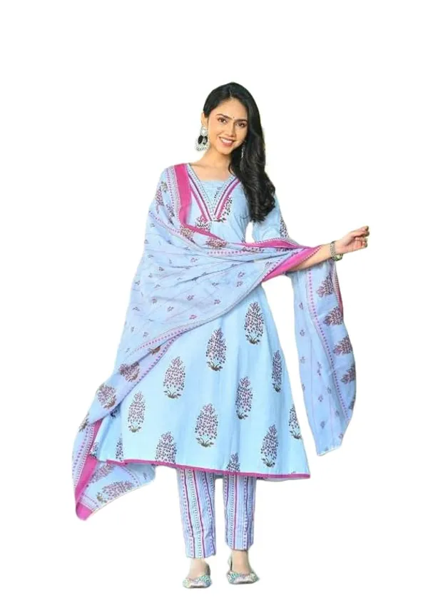 Sky_Blue_Trendy_Floral_Block_Print_Cotton_A-Line_Kurta_With_Pant_And_Dupatta_For_Women