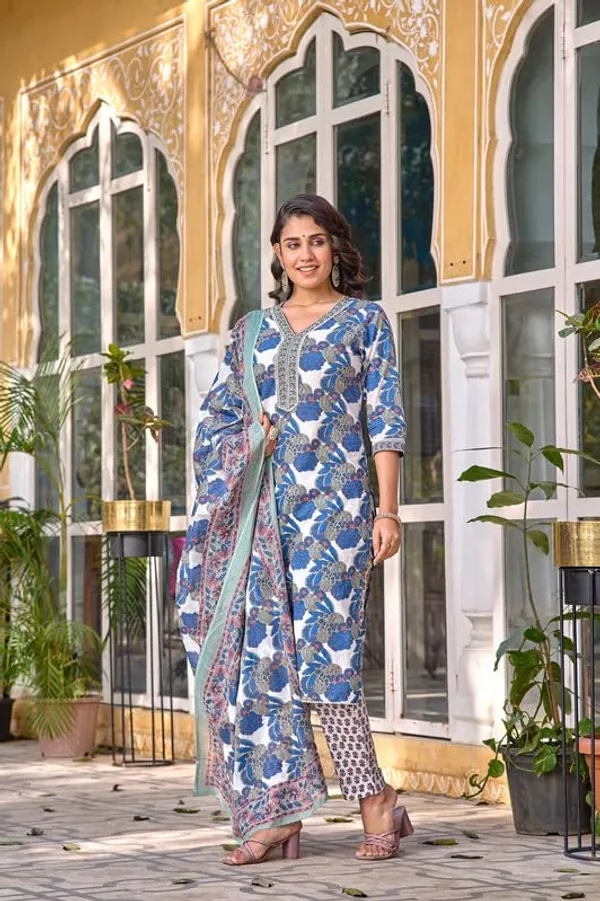 Teal_Blue_Trendy_Floral_Block_Print_Cotton_Straight_Kurta_With_Pant_And_Dupatta_For_Women