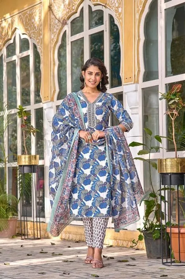 Teal_Blue_Trendy_Floral_Block_Print_Cotton_Straight_Kurta_With_Pant_And_Dupatta_For_Women