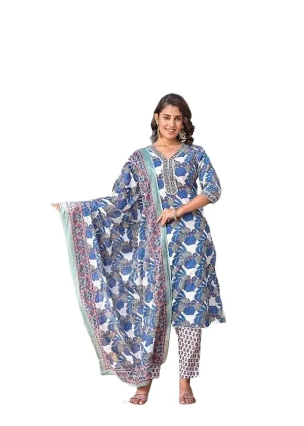 Teal_Blue_Trendy_Floral_Block_Print_Cotton_Straight_Kurta_With_Pant_And_Dupatta_For_Women