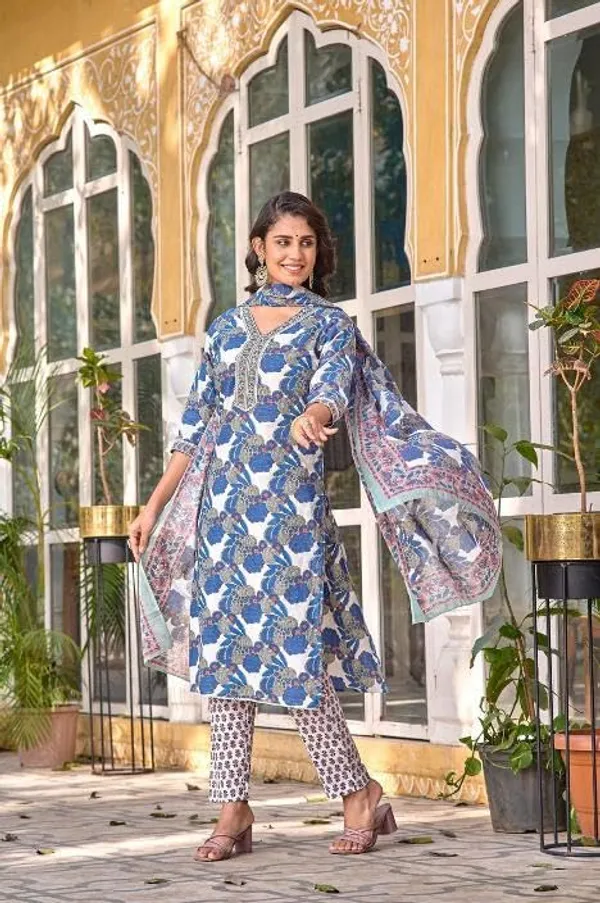 Teal_Blue_Trendy_Floral_Block_Print_Cotton_Straight_Kurta_With_Pant_And_Dupatta_For_Women