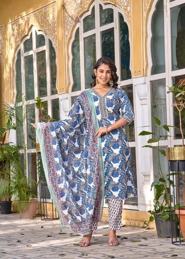 Teal_Blue_Trendy_Floral_Block_Print_Cotton_Straight_Kurta_With_Pant_And_Dupatta_For_Women