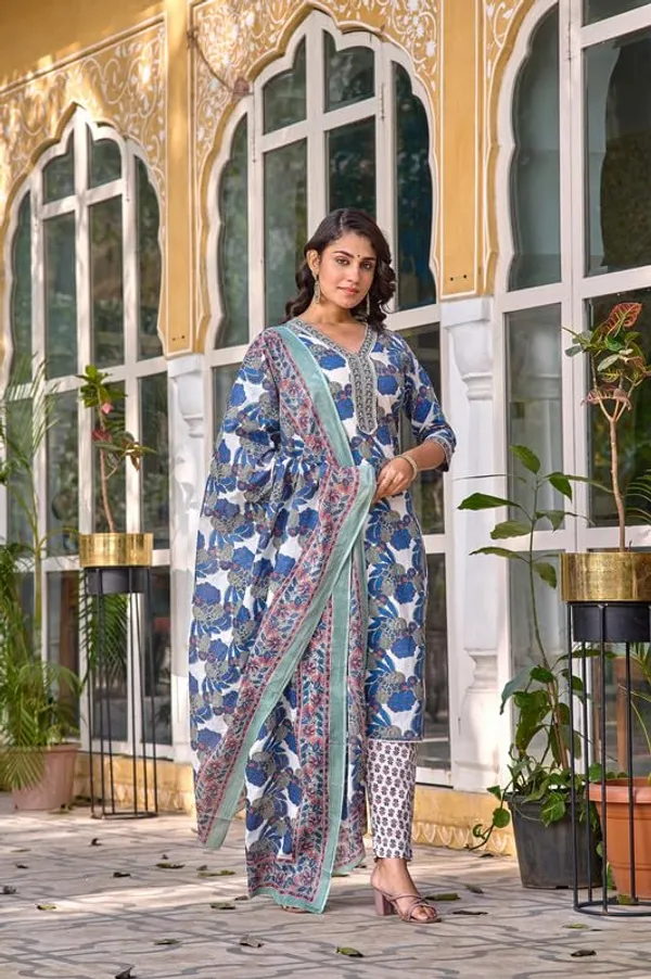 Teal_Blue_Trendy_Floral_Block_Print_Cotton_Straight_Kurta_With_Pant_And_Dupatta_For_Women