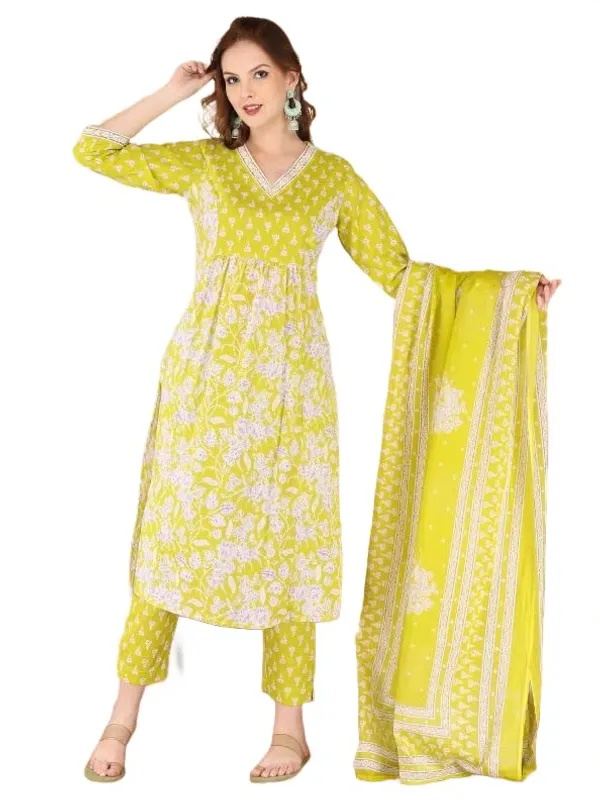 Yellow_Trendy_Floral_Screen_Print_Cotton_Straight_Kurta_With_Pant_And_Dupatta_For_Women