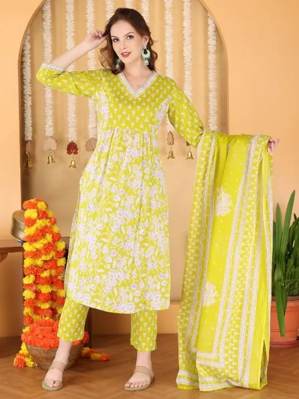 Yellow_Trendy_Floral_Screen_Print_Cotton_Straight_Kurta_With_Pant_And_Dupatta_For_Women