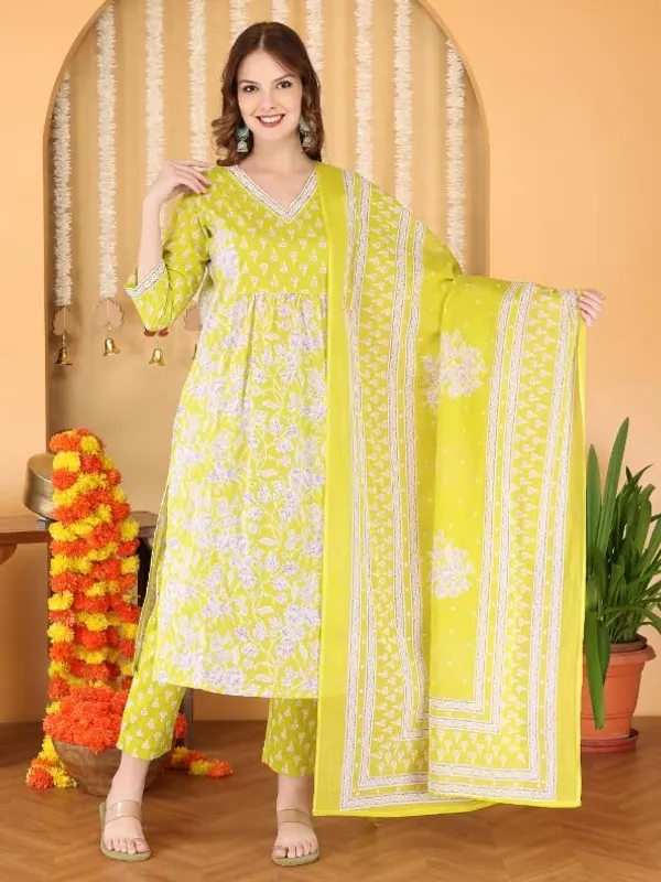Yellow_Trendy_Floral_Screen_Print_Cotton_Straight_Kurta_With_Pant_And_Dupatta_For_Women