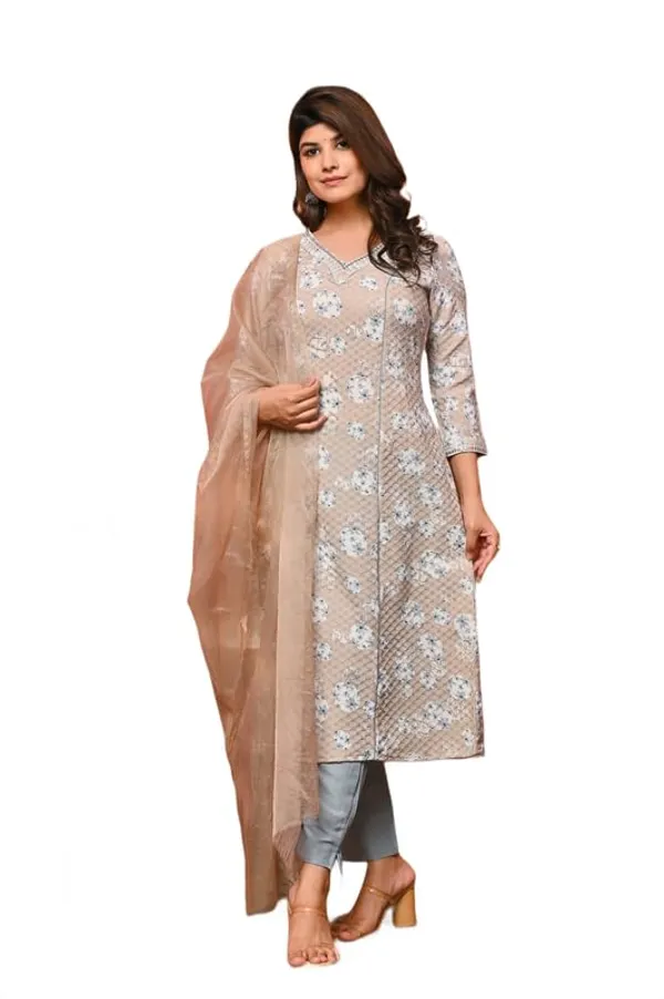 Light_Brown_Trendy_Floral_Tie_&_Dye_Printed_Cotton_Jacquard_A-Line_Kurta_With_Pant_And_Dupatta_For_Women